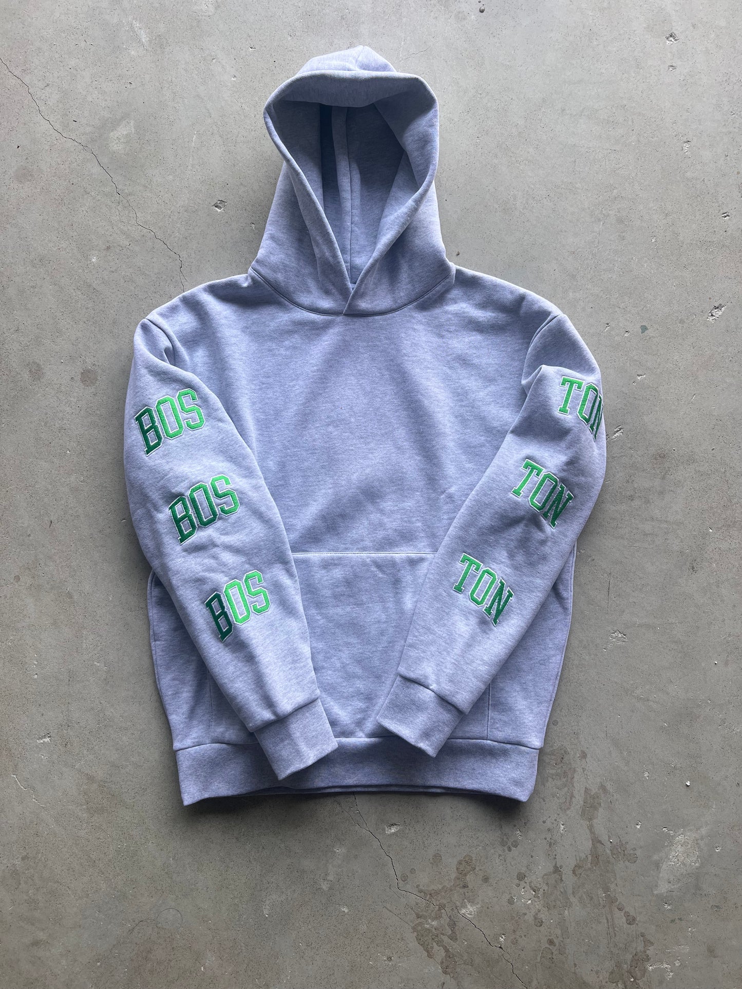 Boston Hoodie embroidered -Gray ( Green / White embroidery thread )