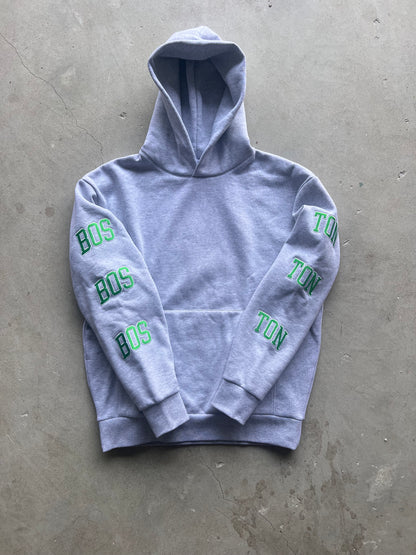 Boston Hoodie embroidered -Gray ( Green / White embroidery thread )